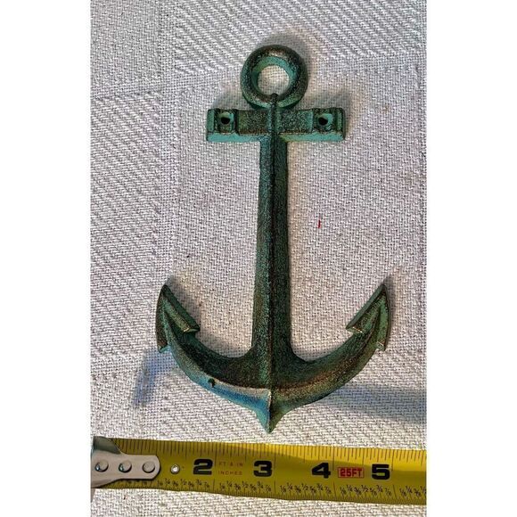 Nautical Anchor Green & Gold Cast Iron Anchor Wall Hanging Decor Beach House - Picture 4 of 4